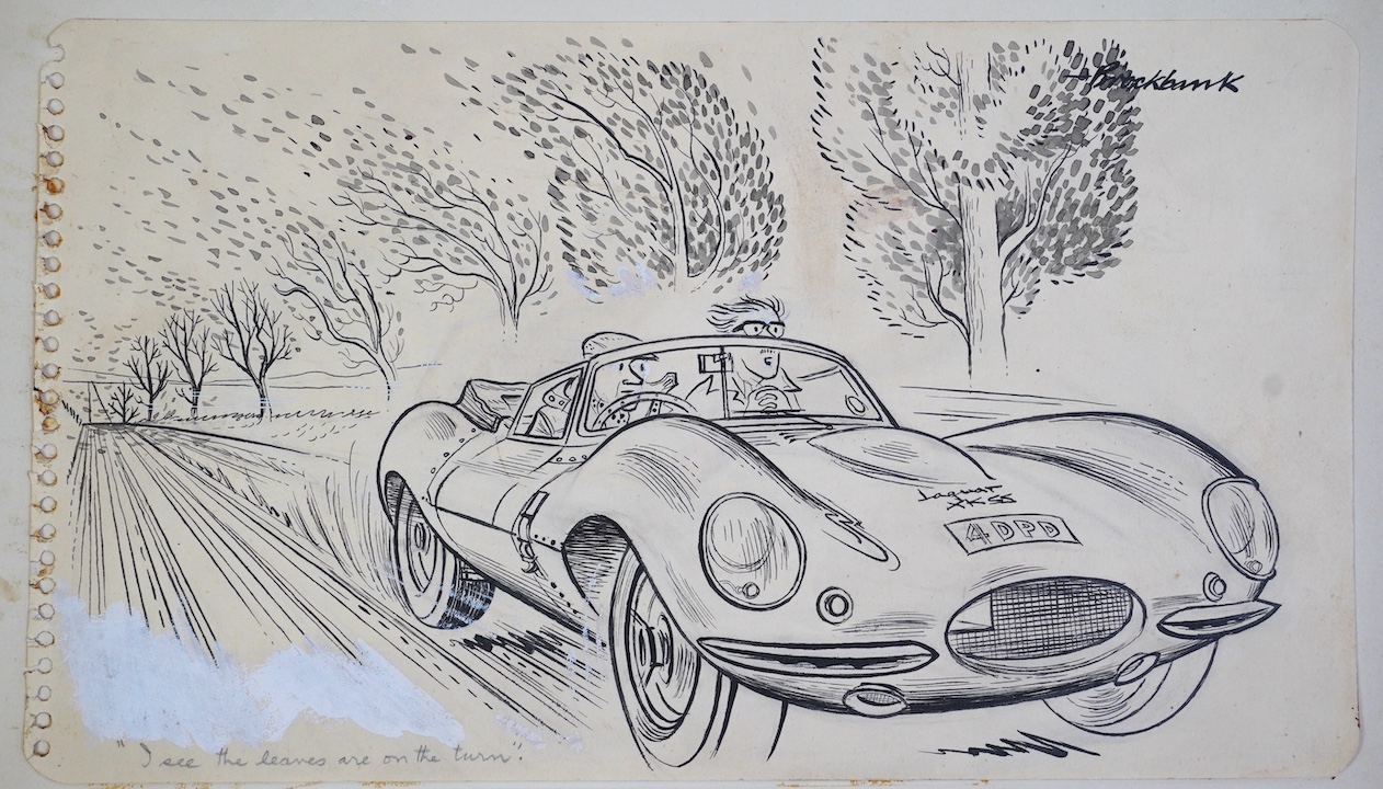 Russell Brockbank (English, 1913-1979), Jaguar XKSS; “I see the leaves are on the turn”., ink and wash on paper heightened with white, 17 x 30cm, unframed